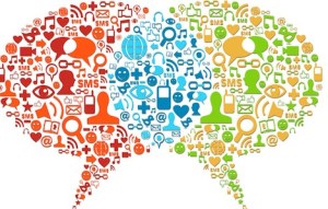 Speech bubbles connection made with social media icons set. Vector file layered for easy manipulation and custom coloring.